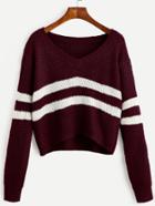 Romwe Burgundy Striped V Neck Crop Sweater