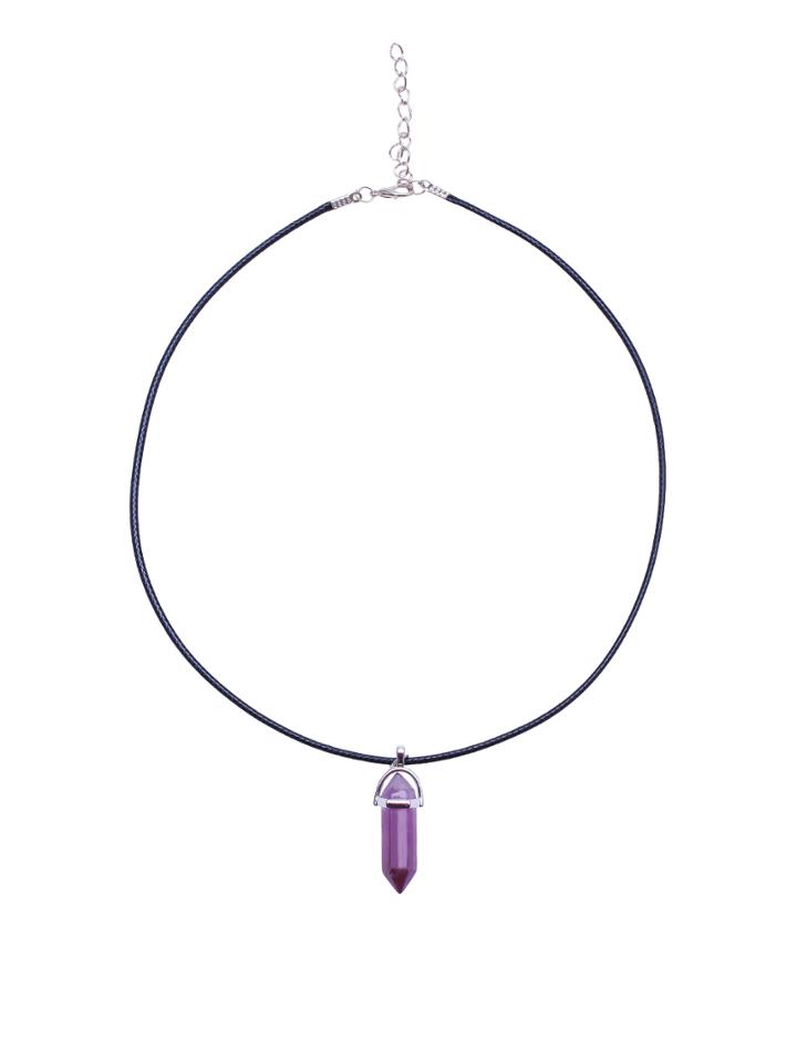 Romwe Purple Faux Gemstone Pendant Rope Necklace