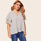 Romwe Plus V Neck Two Layers Sleeve Striped Top