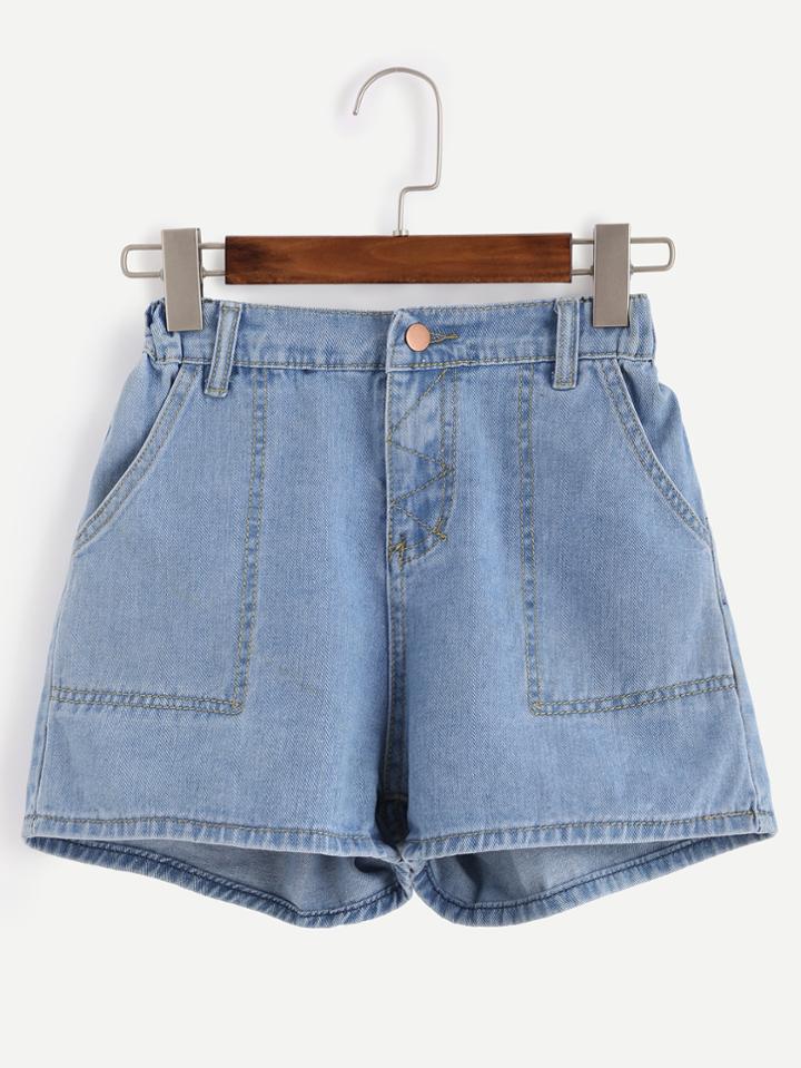 Romwe Blue Topstitch Denim Shorts
