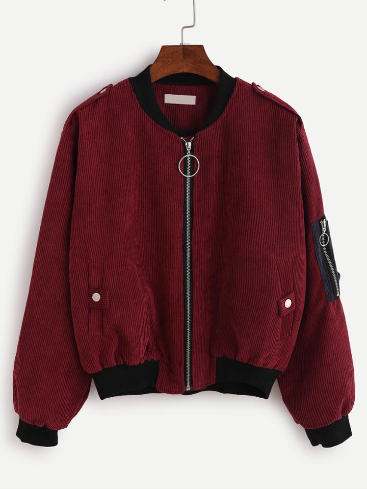 Romwe Burgundy Contrast Trim Corduroy Sleeve Patch Bomber Jacket