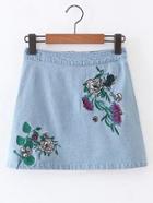 Romwe Flower Embroidery Zipper Back Denim Skirt