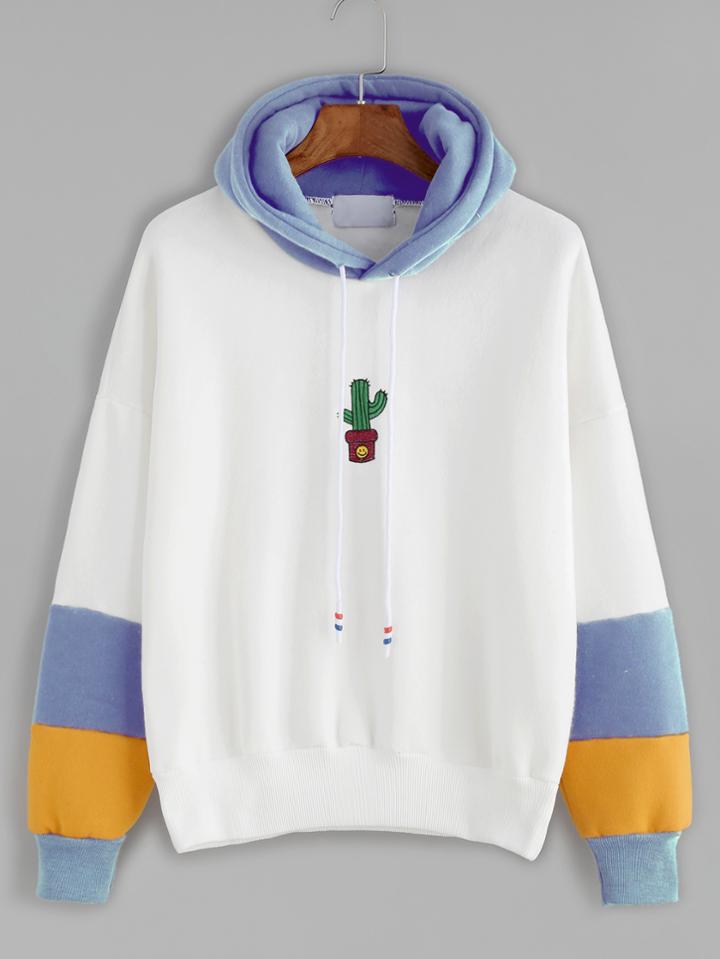 Romwe Contrast Cactus Embroidery Drawstring Hooded Sweatshirt