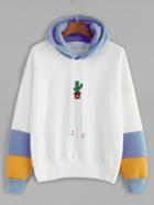 Romwe Contrast Cactus Embroidery Drawstring Hooded Sweatshirt