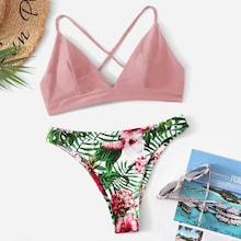 Romwe Cross Back Seam Top With Random Tropical Bikini