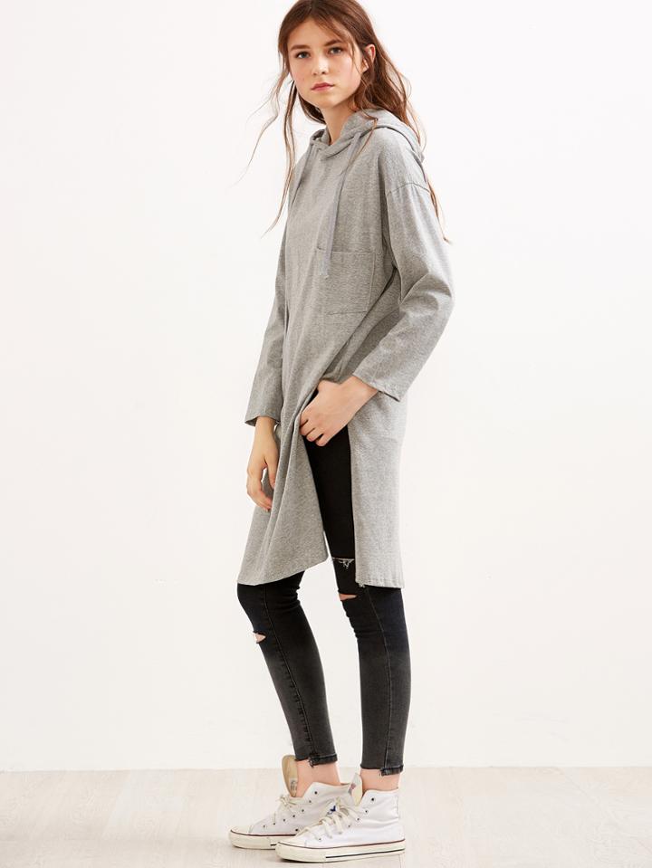 Romwe Grey Drop Shoulder High Slit Drawstring Hooded Sweatshirt