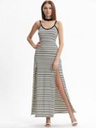 Romwe Black White Stripe Split Spaghetti Strap Dress Maxi Dress