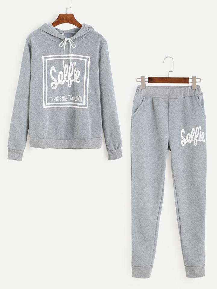 Romwe Grey Letter Print Hooded Top With Pants