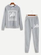 Romwe Grey Letter Print Hooded Top With Pants
