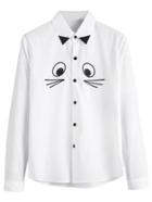 Romwe White Contrast Collar Point Cartoon Eyes Embroidered Shirt