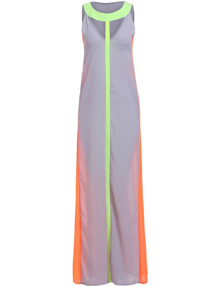 Romwe Grey Round Neck Sleeveless Hollow Maxi Dress