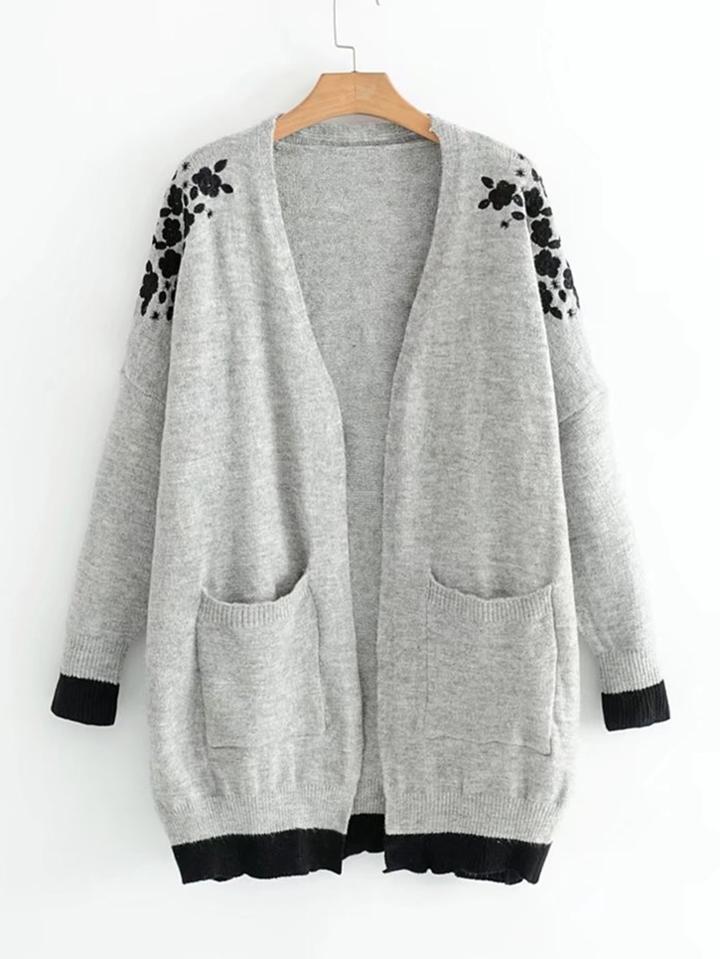 Romwe Contrast Trim Embroidery Cardigan