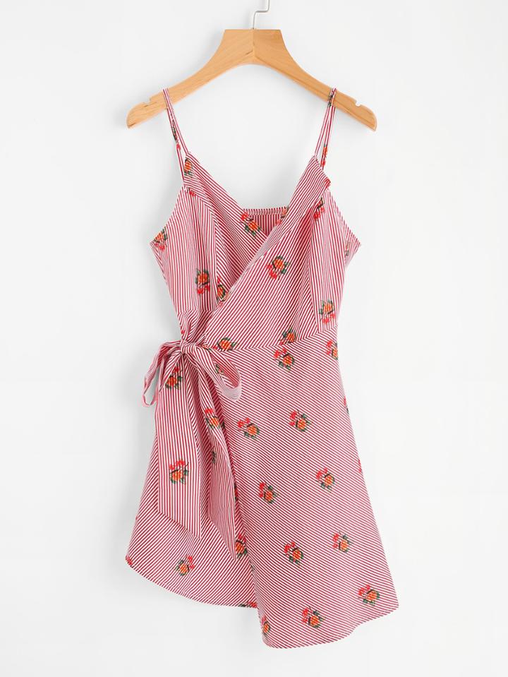Romwe Floral Print Striped Wrap Tie Waist Cami Dress