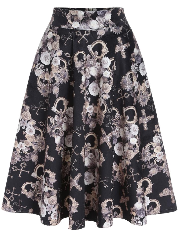 Romwe Key Print Zipper Vintage Skirt