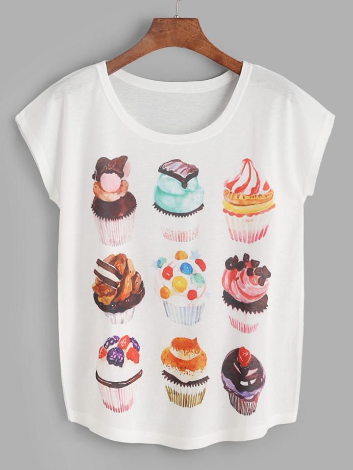 Romwe White Cakes Print Dolman Sleeve T-shirt
