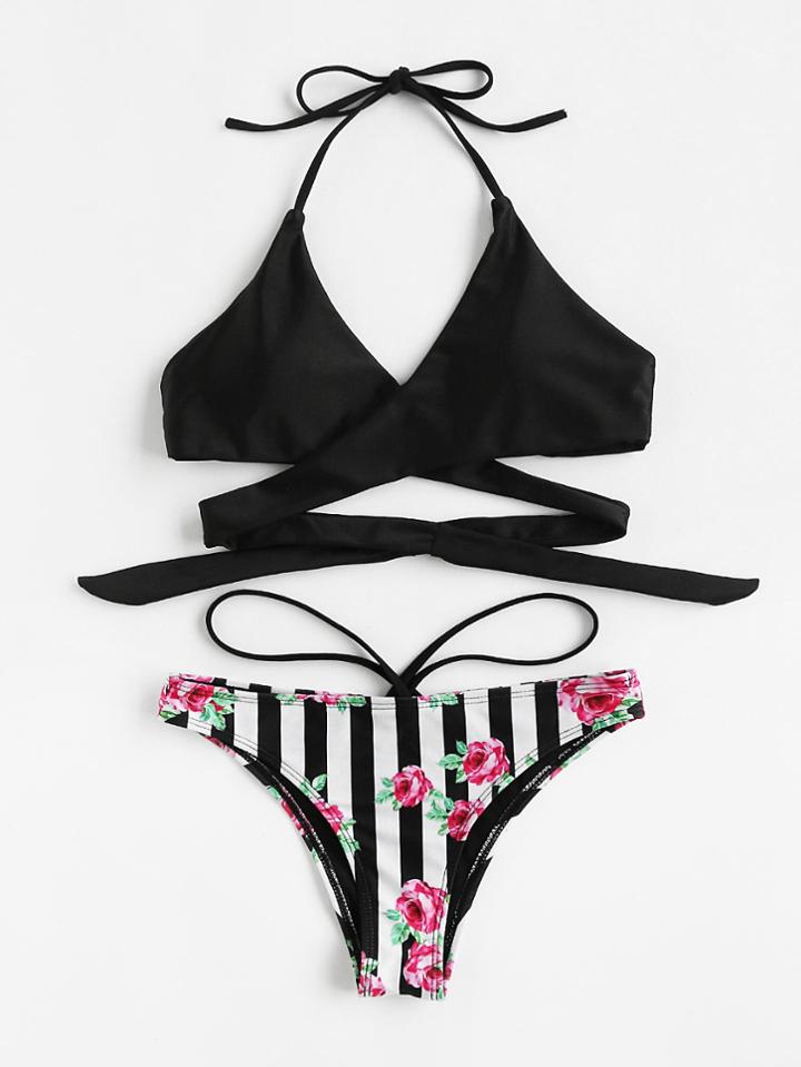 Romwe Striped And Flower Print Wrap Self Tie Bikini Set
