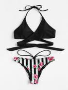 Romwe Striped And Flower Print Wrap Self Tie Bikini Set