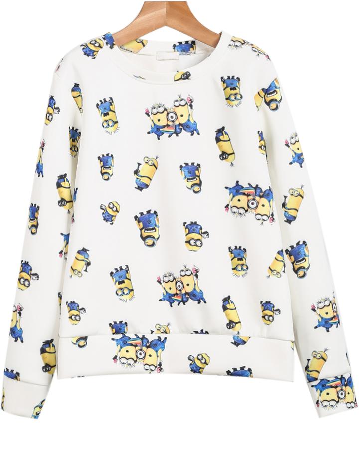 Romwe White Long Sleeve Beedo Print Sweatshirt