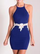 Romwe Blue Contrast Lace Hollow Out Bodycon Dress