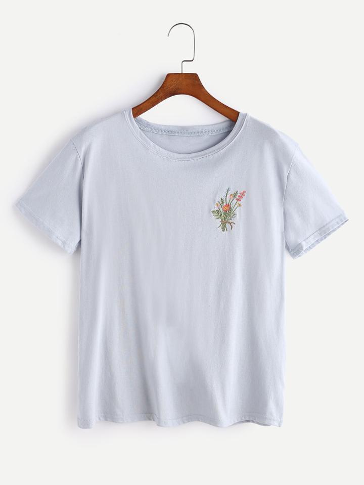 Romwe Botanical Embroidered T-shirt