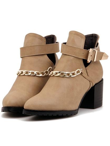 Romwe Khaki Pointy Buckle Strap Chain Rugged Boots