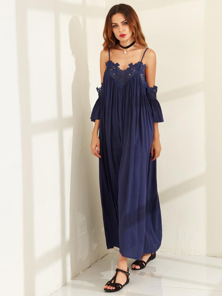 Romwe Navy Cold Shoulder Pleated Lace Trim Dress