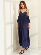 Romwe Navy Cold Shoulder Pleated Lace Trim Dress