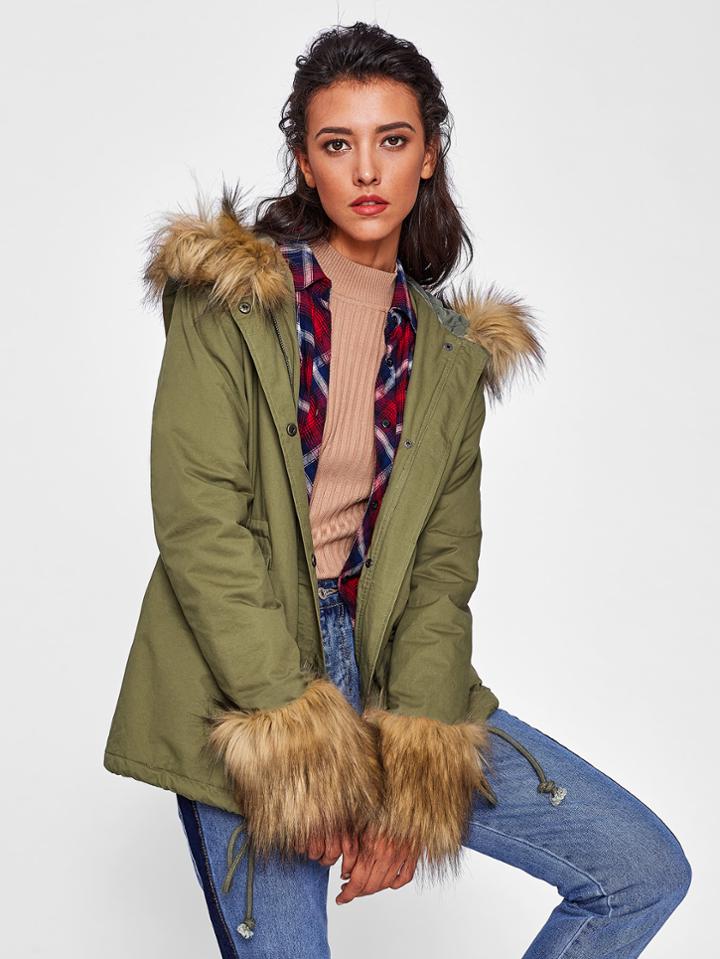 Romwe Contrast Faux Fur Trim Hoodie And Cuff Parka Coat