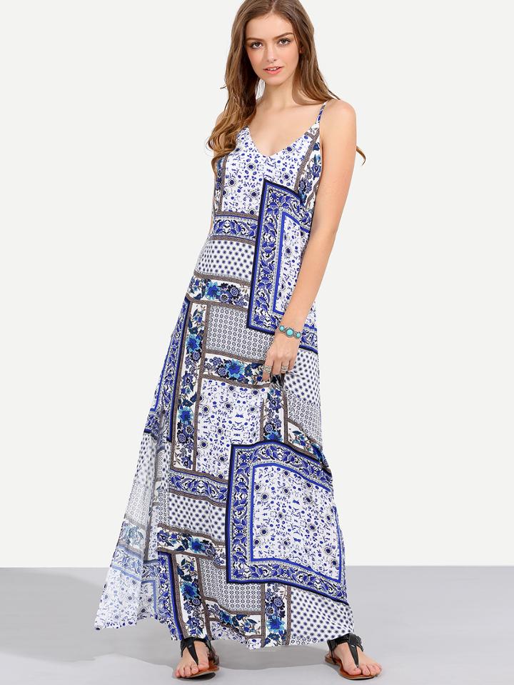 Romwe Multicolor Print Spaghetti Strap Backless Maxi Dress