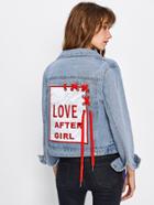 Romwe Embroidered Patch Back Grommet Lace Up Denim Jacket