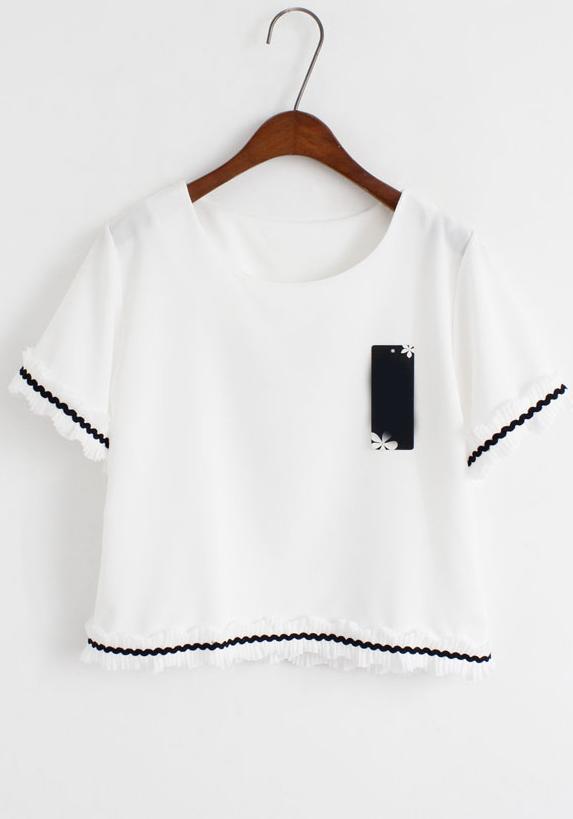 Romwe Contrast Sleeve White T-shirt