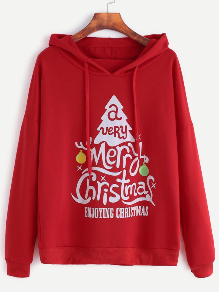 Romwe Red Christmas Print Drop Shoulder Drawstring Hooded Sweatshirt