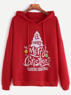 Romwe Red Christmas Print Drop Shoulder Drawstring Hooded Sweatshirt