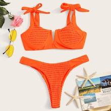 Romwe Smocked Self Tie Top With High Cut Bikini Set