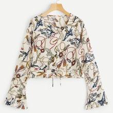 Romwe Chain Print Knot Hem Crop Blouse