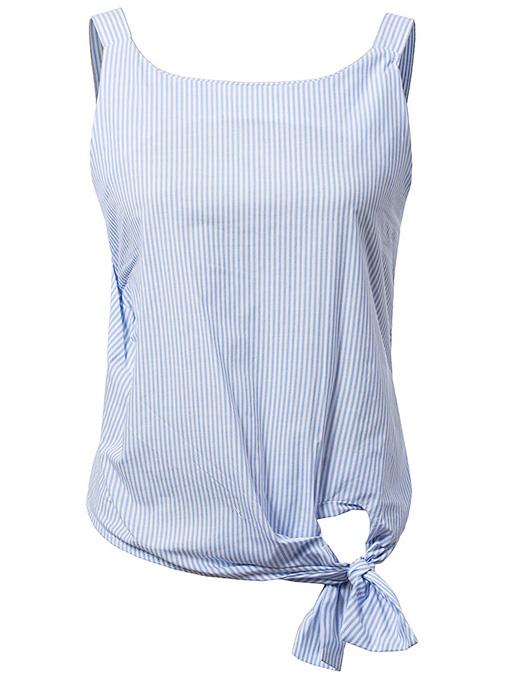 Romwe Blue Sleeveless Stripe Hollow Back Bow Blouse