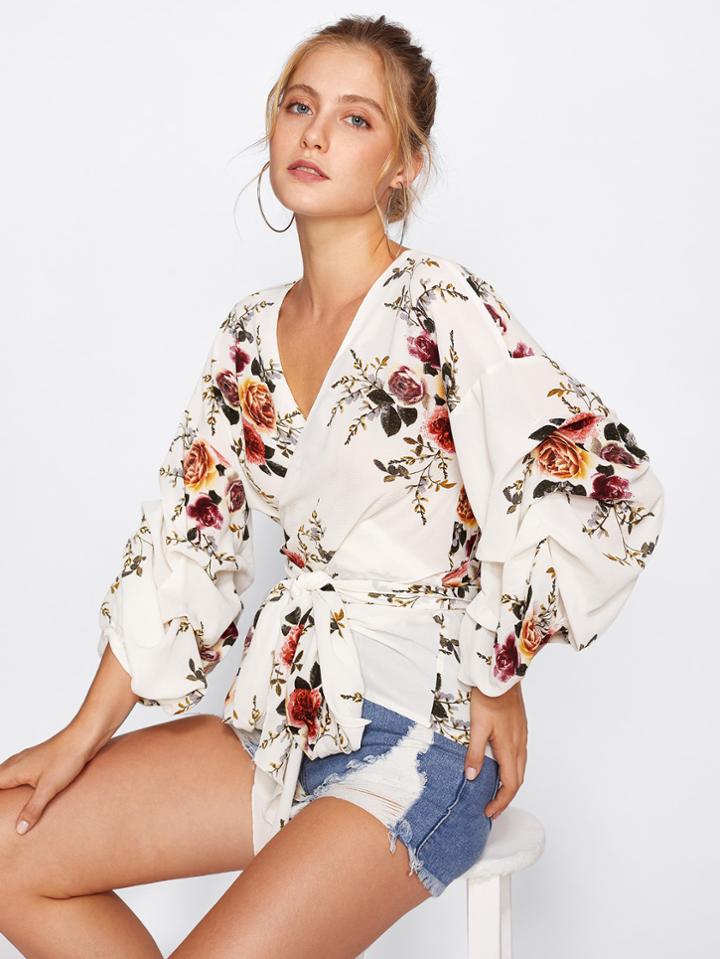 Romwe Flower Print Gathered Sleeve Wrap Blouse