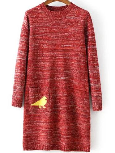Romwe Bird Print Pocket Red Sweater Dress