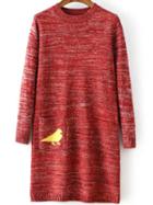 Romwe Bird Print Pocket Red Sweater Dress