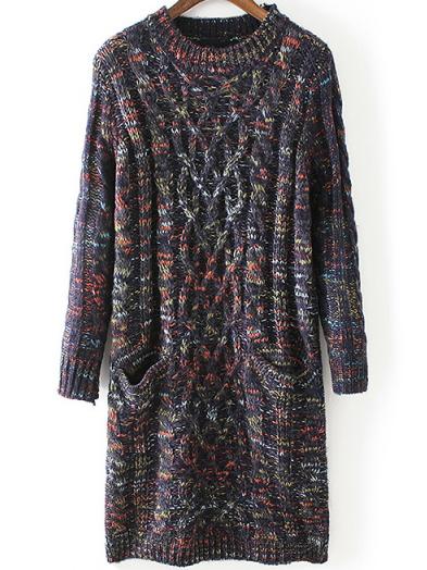 Romwe Long Sleeve Navy Sweater Dress With Pockets