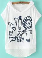 Romwe Hooded Letter Print Lace Hem White T-shirt