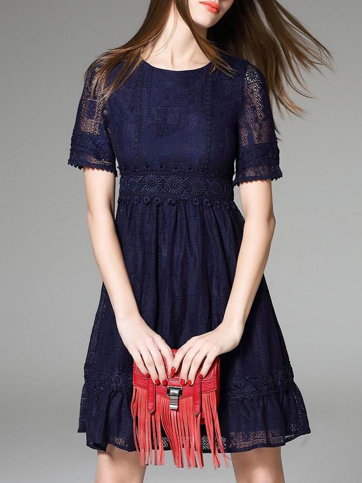 Romwe Navy Crew Neck Lace A-line Dress