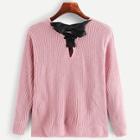 Romwe V Neckline Ribbon Lace-up Back Sweater