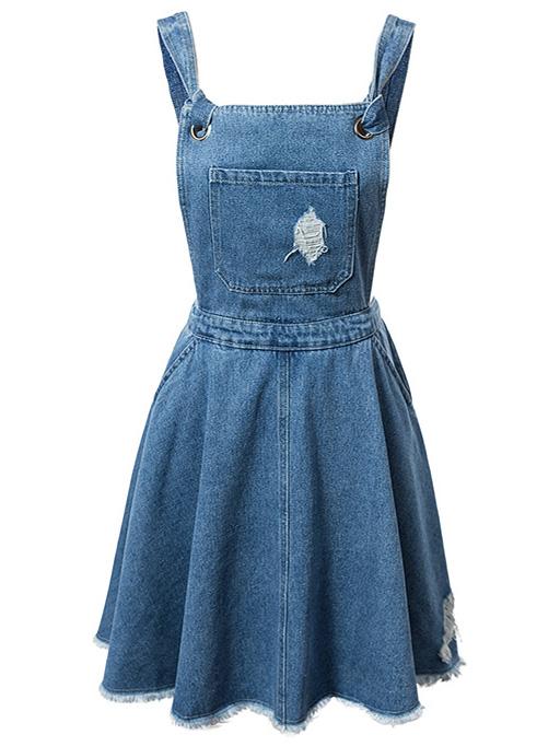 Romwe Blue Pockets Fringe Hem Backless Denim Straps Dress
