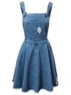 Romwe Blue Pockets Fringe Hem Backless Denim Straps Dress