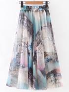 Romwe Multicolor Elastic Waist Castle Print Chiffon Flare Skirt