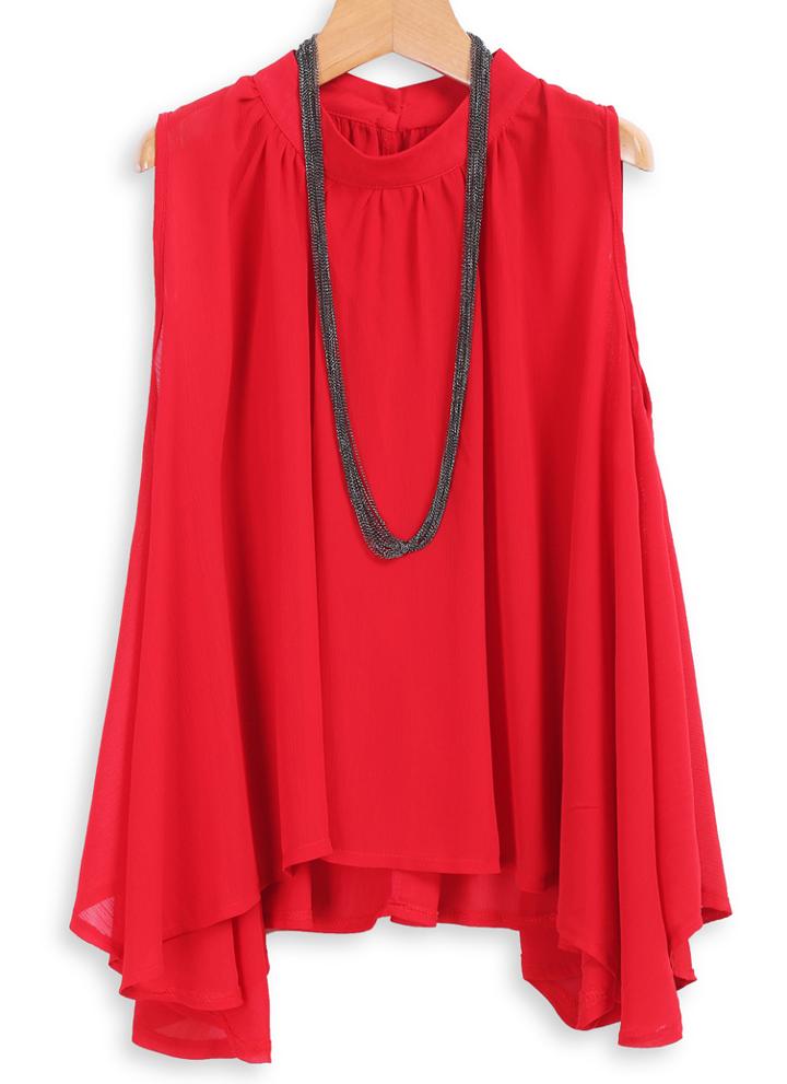 Romwe With Chain Necklace Asymmetrical Hem Red Top