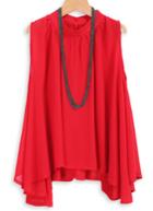Romwe With Chain Necklace Asymmetrical Hem Red Top