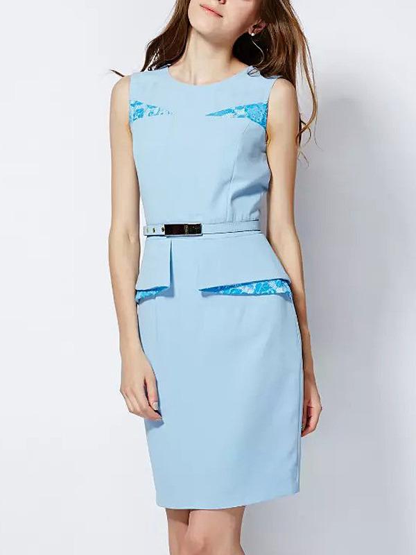 Romwe Blue Round Neck Sleeveless Ruffle Drawstring Bodycon Dress