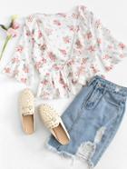 Romwe Deep V Neckline Knot Front Calico Print Top